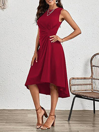 Yonca Moda Evi Kadın Sıfır Kollu Bisiklet Yaka Büzgülü Asimetrik Kesim Detaylı Janjan Krep Elbise