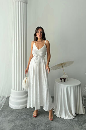 Yonca Moda Evi JAKAR SATEN DEGAJE ASKILI ELBİSE İP KEMERLİ - Beyaz