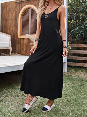 Yonca Moda Evi Kadın Ip Askılı Derin Geniş V Yakalı Uzun Viskon Elbise