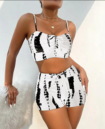 Yonca Moda Evi Kadın Büzgü Detay Askılı Crop Mini Tayt Ikili Takım