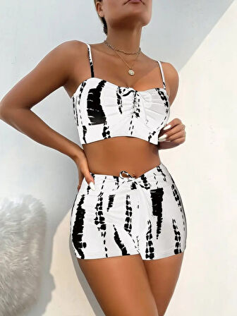Yonca Moda Evi Kadın Büzgü Detay Askılı Crop Mini Tayt Ikili Takım
