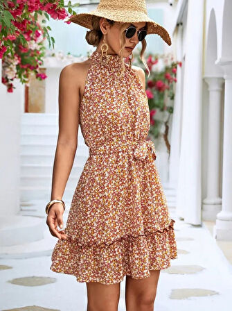 Yonca Moda Evi Kadın Eteği Volanlı Halter Yaka Süprem Elbise