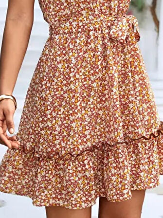 Yonca Moda Evi Kadın Eteği Volanlı Halter Yaka Süprem Elbise