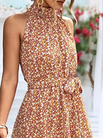 Yonca Moda Evi Kadın Eteği Volanlı Halter Yaka Süprem Elbise