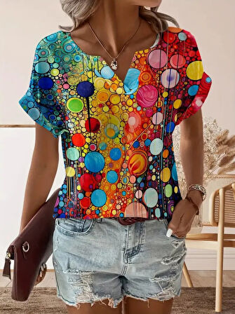 Yonca Moda Evi Kadın Kısa Kollu V Yakalı Desenli Süprem Bluz