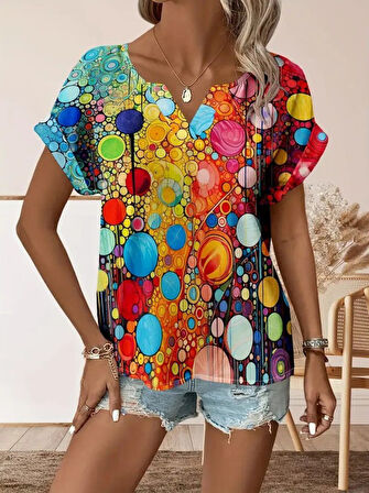 Yonca Moda Evi Kadın Kısa Kollu V Yakalı Desenli Süprem Bluz