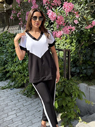 Yonca Moda Evi Kadın Kısa Kollu V Yaka Siyah Beyaz Renkli Viskon Iki Iplik Kumaş Eşofman Takımı