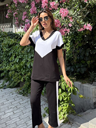 Yonca Moda Evi Kadın Kısa Kollu V Yaka Siyah Beyaz Renkli Viskon Iki Iplik Kumaş Eşofman Takımı