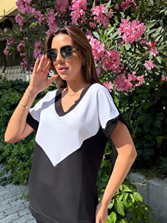 Yonca Moda Evi Kadın Kısa Kollu V Yaka Siyah Beyaz Renkli Viskon Iki Iplik Kumaş Eşofman Takımı