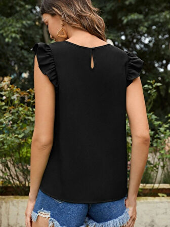 Yonca Moda Evi Kadın Yuvarlak Yaka Kolları Fırfırlı Krep Bluz