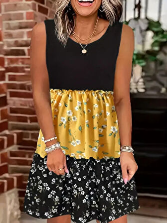 Yonca Moda Evi Kadın Askılı Yuvarlak Yaka çiçek Baskılı Salaş Süprem Elbise