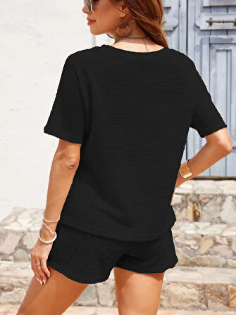 Yonca Moda Evi Kadın Kısa Kollu Bisiklet Yaka Alt Ve üst Waffle Ikili Takım