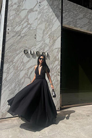 Yonca Moda Evi Siyah Askılı Keten Elbise