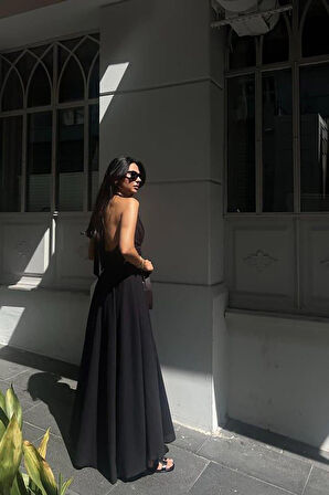 Yonca Moda Evi Siyah Askılı Keten Elbise