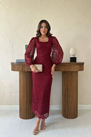Yonca Moda Evi Bordo Güpür Detaylı Dantel Elbise