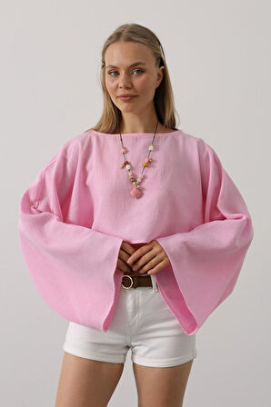 Yonca Moda Evi YARASA KOLLU CROP BLUZ - Pembe
