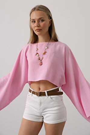 Yonca Moda Evi YARASA KOLLU CROP BLUZ - Pembe