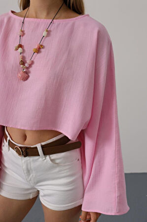 Yonca Moda Evi YARASA KOLLU CROP BLUZ - Pembe