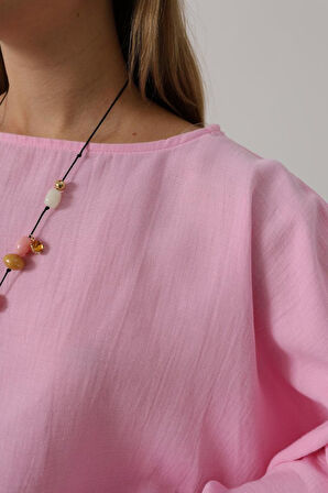 Yonca Moda Evi YARASA KOLLU CROP BLUZ - Pembe