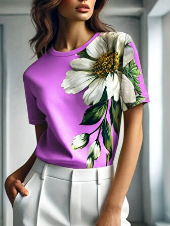 Yonca Moda Evi Kadın Kısa Kollu Bisiklet Yaka çiçek Baskılı Süprem Bluz