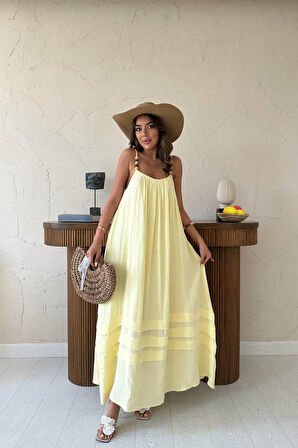 Yonca Moda Evi Sarı Askılı Müslin Elbise
