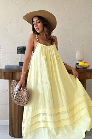 Yonca Moda Evi Sarı Askılı Müslin Elbise