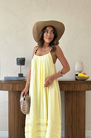Yonca Moda Evi Sarı Askılı Müslin Elbise