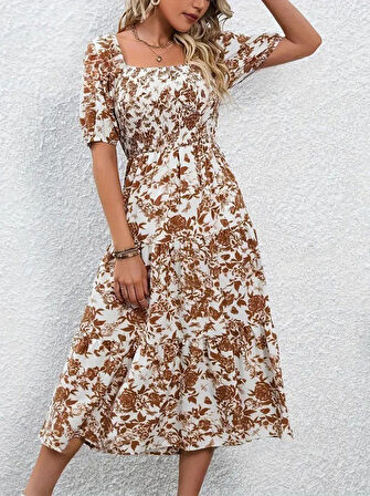 Yonca Moda Evi Kadın Kısa Kollu Kare Yakalı Lastikli Desenli Süprem Elbise