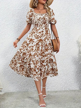 Yonca Moda Evi Kadın Kısa Kollu Kare Yakalı Lastikli Desenli Süprem Elbise