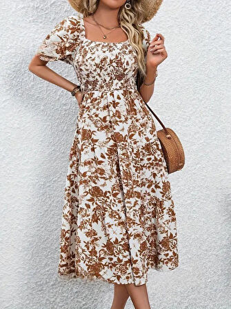 Yonca Moda Evi Kadın Kısa Kollu Kare Yakalı Lastikli Desenli Süprem Elbise