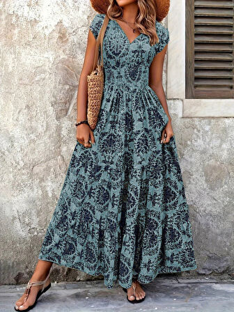 Yonca Moda Evi Kadın Kısa Kollu Kruvaze Yaka Beli Lastikli Süprem Maksi Boy Elbise