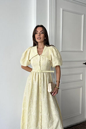 Yonca Moda Evi Sarı Bebe Yaka Balon Kollu Elbise