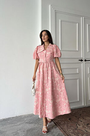 Yonca Moda Evi Pembe Bebe Yaka Balon Kollu Elbise