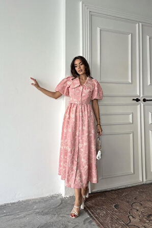 Yonca Moda Evi Pembe Bebe Yaka Balon Kollu Elbise
