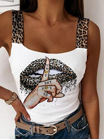 Yonca Moda Evi Kadın Leopar Askılı Leopar Baskılı Mikro Kumaş Bluz