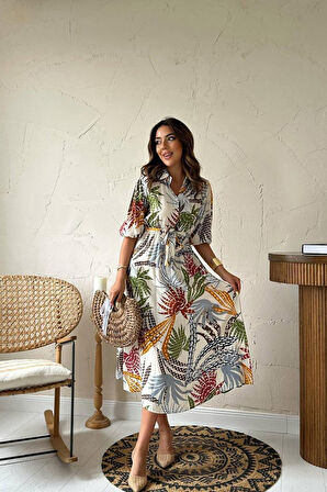 Yonca Moda Evi Ekru Çiçek Desenli Kemerli Elbise