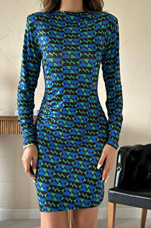 Yonca Moda Evi Mavi Pilise Desenli Elbise