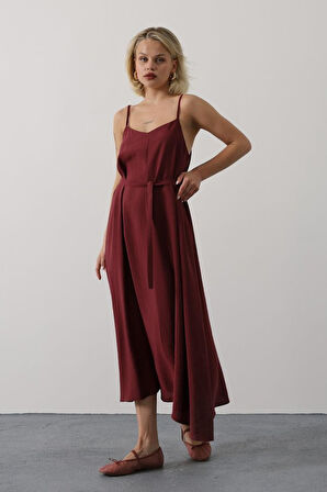 Yonca Moda Evi Askılı Basic Uzun Elbise - Bordo