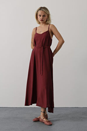 Yonca Moda Evi Askılı Basic Uzun Elbise - Bordo