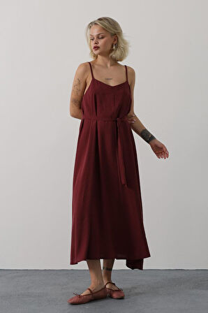 Yonca Moda Evi Askılı Basic Uzun Elbise - Bordo
