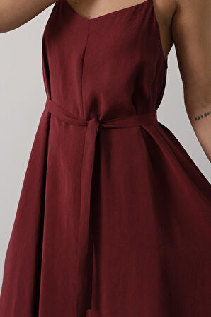 Yonca Moda Evi Askılı Basic Uzun Elbise - Bordo