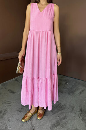 Yonca Moda Evi ETEKUCU FIRFIRLI SIRTI BAĞLAMA DETAYLI SALAŞ ELBİSE - Pembe