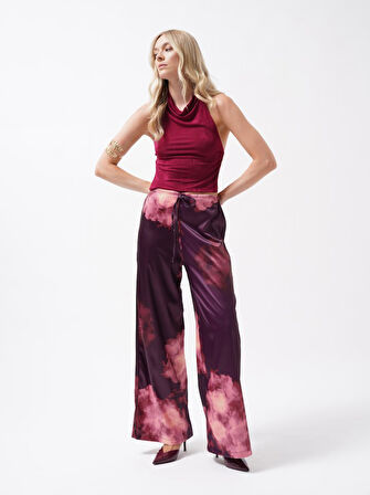 Yonca Moda Evi Bel Lastikli Desenli Saten Pantolon