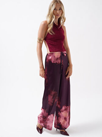 Yonca Moda Evi Bel Lastikli Desenli Saten Pantolon
