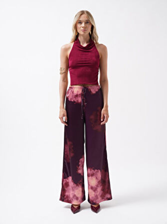 Yonca Moda Evi Bel Lastikli Desenli Saten Pantolon