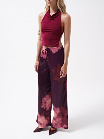 Yonca Moda Evi Bel Lastikli Desenli Saten Pantolon