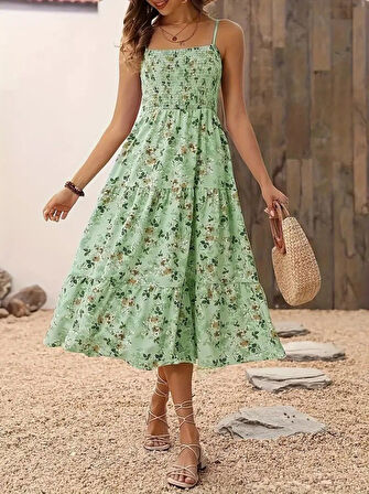 Yonca Moda Evi Kadın Ip Askılı Geniş V Yakalı Desenli Uzun Süprem Elbise