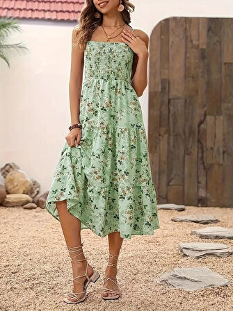 Yonca Moda Evi Kadın Ip Askılı Geniş V Yakalı Desenli Uzun Süprem Elbise