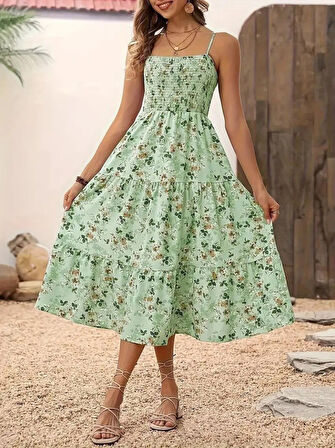 Yonca Moda Evi Kadın Ip Askılı Geniş V Yakalı Desenli Uzun Süprem Elbise