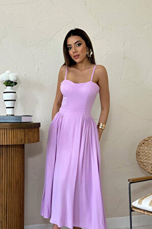 Yonca Moda Evi Lila Göğüs Kuplu Uzun Büzgülü Elbise